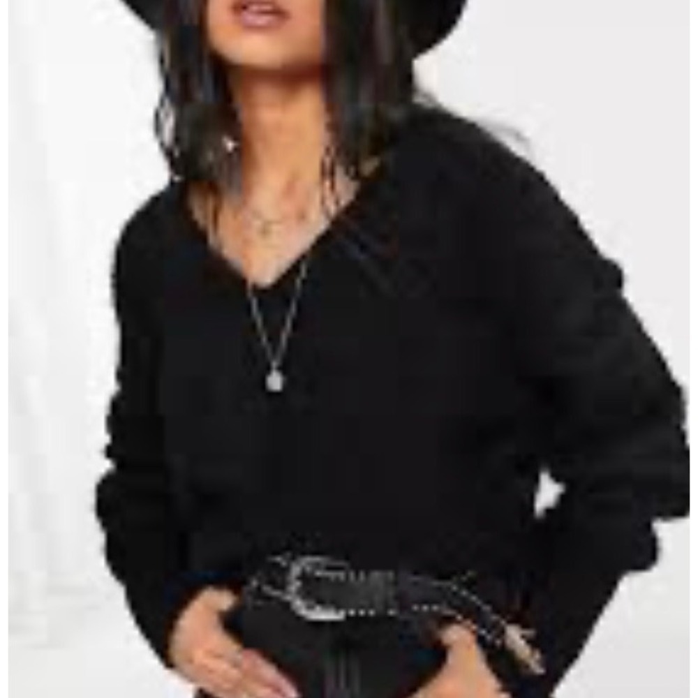 Free People Icing Black Fuzzy Sweater Oversized Boxy Fit V-Neck Medium